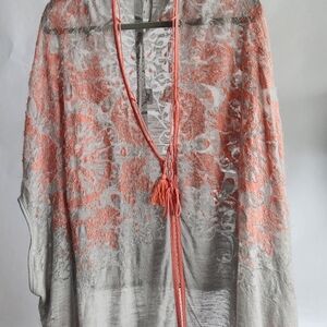 Free People Floral Sheer Kimono with Tassel Tie Peach/Gray